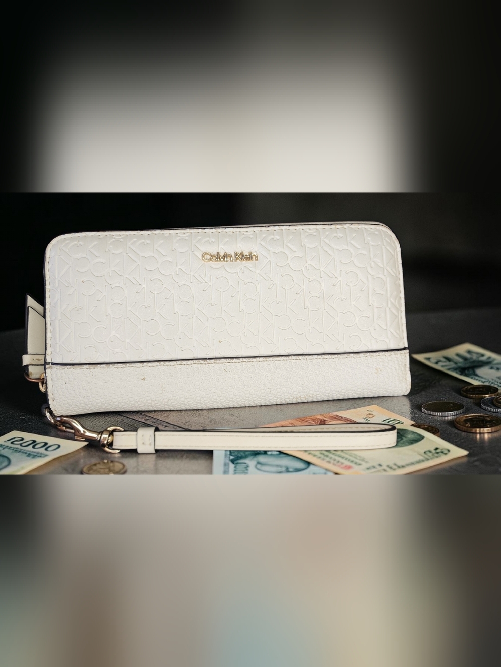 Calvin Klein White Zip Around Embossed Wristlet Wallet